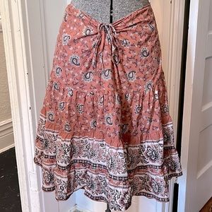 Angie Coral Pink Paisley Floral Sequined Tiered Y2K Hippie Boho 2-Way Skirt, L